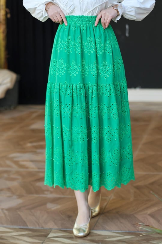 İnci Aksesuarlı Etek  Yeşil