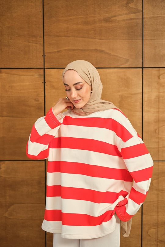 Kalın Çizgili Sweat Turuncu