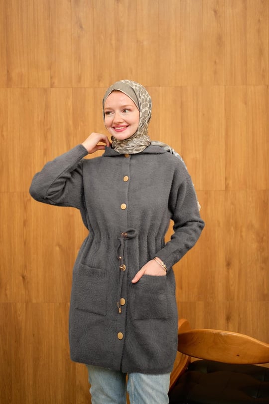 Kapüşonlu Triko Hırka Füme