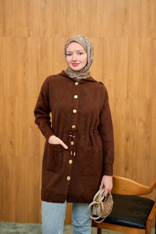 Kapüşonlu Triko Hırka Kahverengi