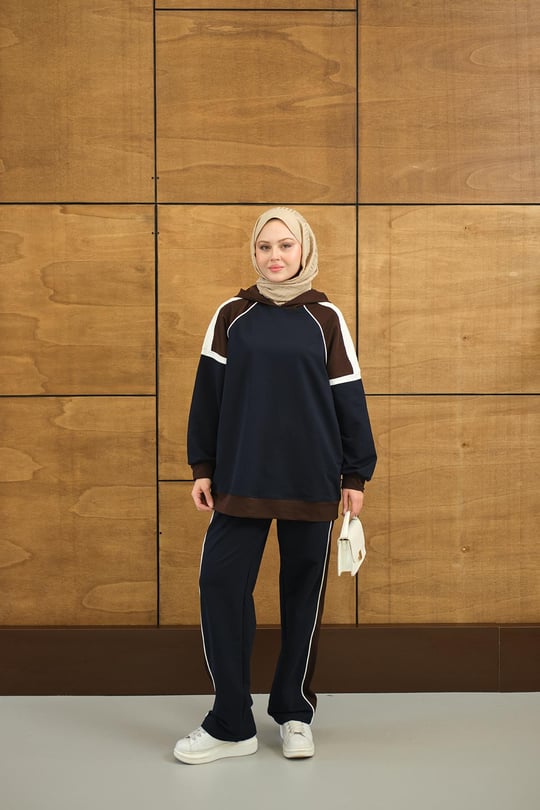 Kapüşonlu Üç Renk Cep Detay Beli Lastikli Regular Viskon Takım Lacivert
