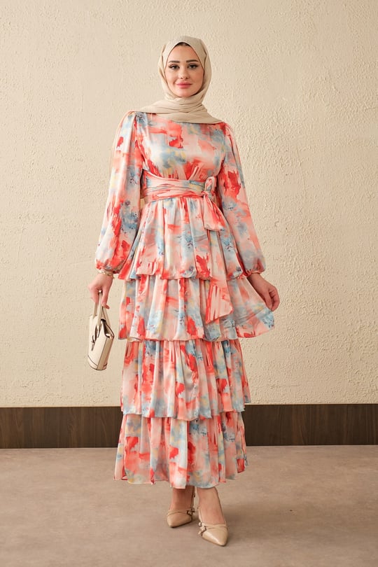 Karışık Desen Bel Bağlamalı Saten Elbise Nar Çiçeği