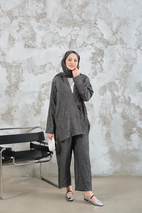 Kendinden Desenli Kimono Takım Antrasit