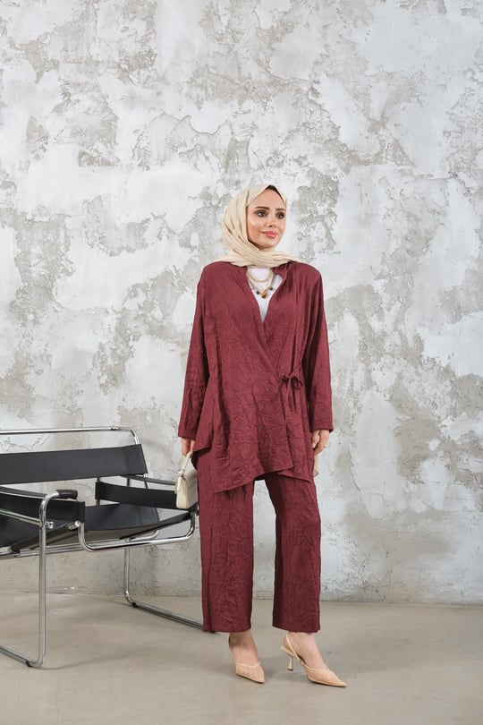 Kendinden Desenli Kimono Takım Bordo