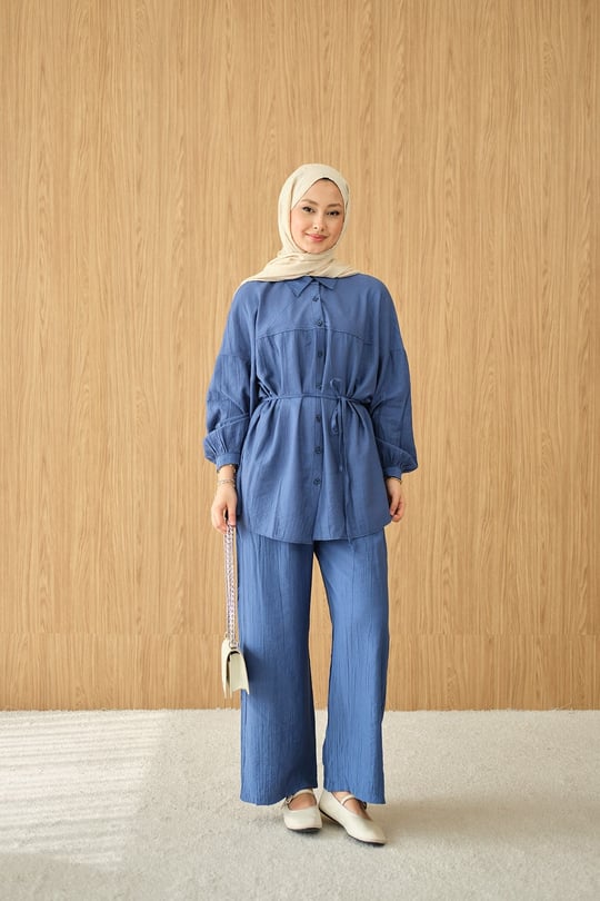 Kırışık Desen Bel Bağlamalı Gömlek Yaka Takım Saks Mavi