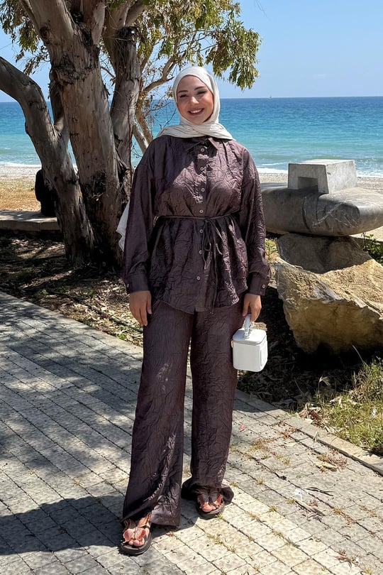 Kırışık Kumaş Takım Bordo