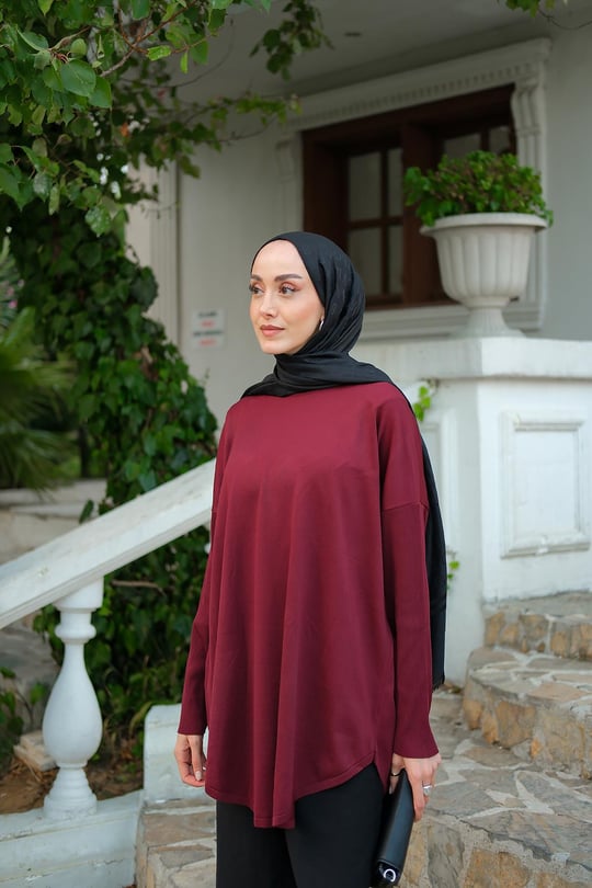 Kol Lastik Detay Tunik Bordo