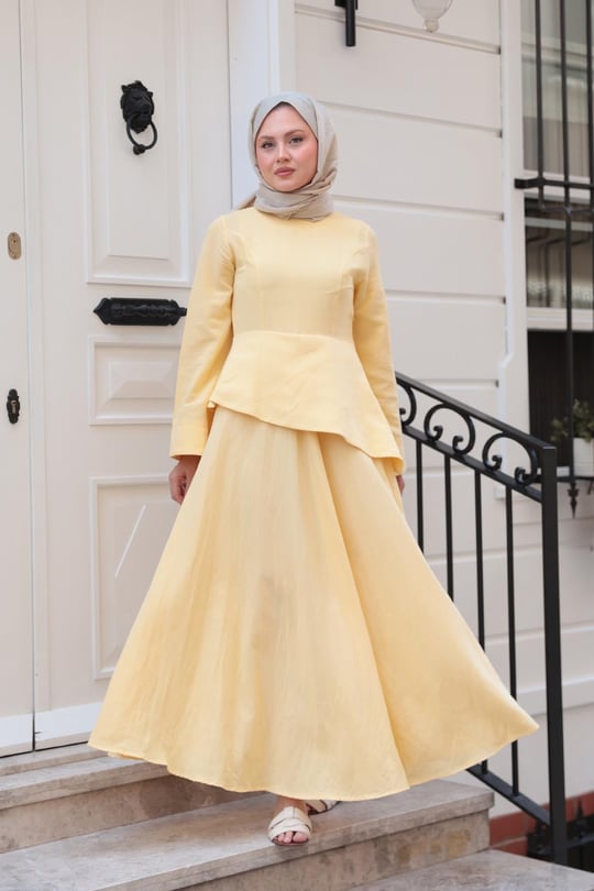 Kraş Etekli Keten Elbise Sarı