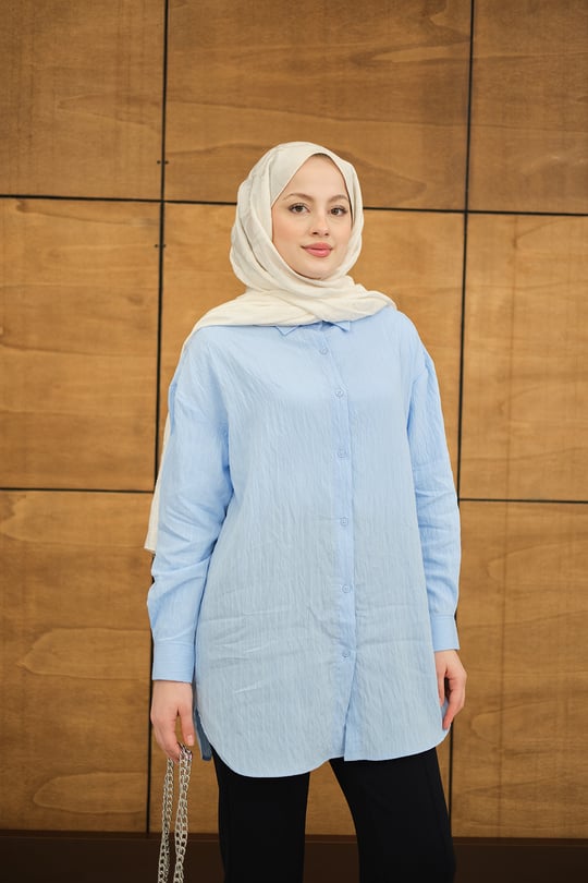 Krinkıl Kumaş Düğme Detay Gömlek Bebe Mavi