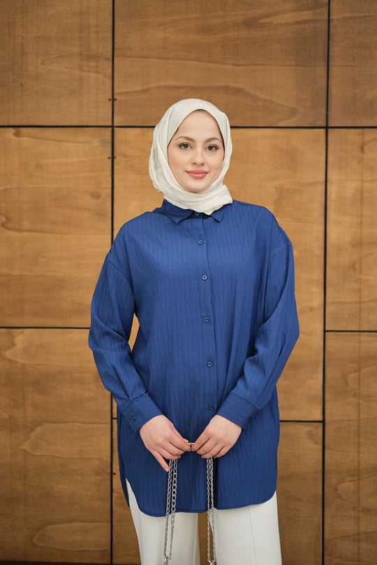 Krinkıl Kumaş Düğme Detay Gömlek Lacivert