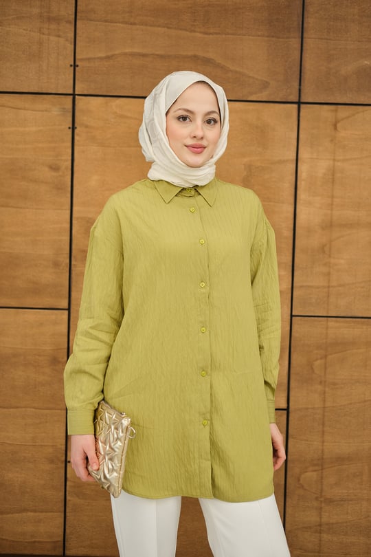 Krinkıl Kumaş Düğme Detay Gömlek Yağ Yeşil