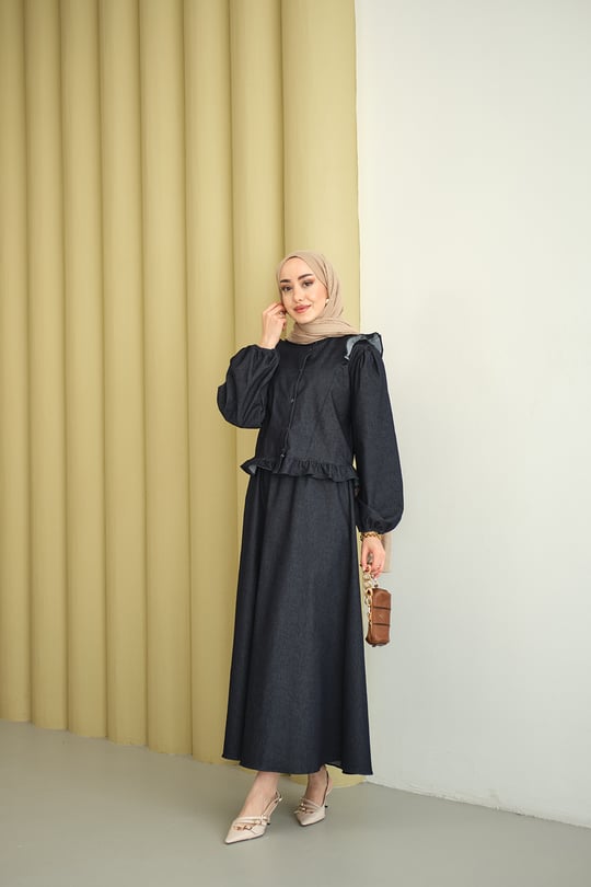 Omuzları Ve Beli Fırfır Detaylı Etekli Takım Lacivert