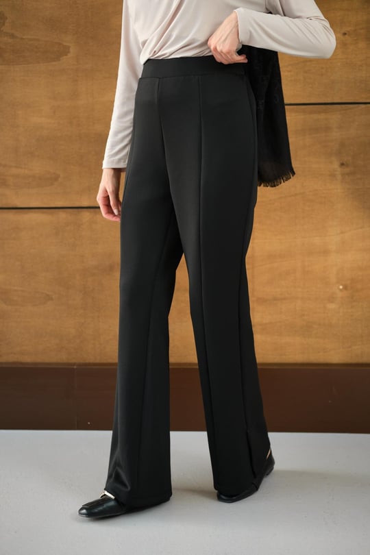 Ön Dikişli Bol Paça Pantolon Siyah