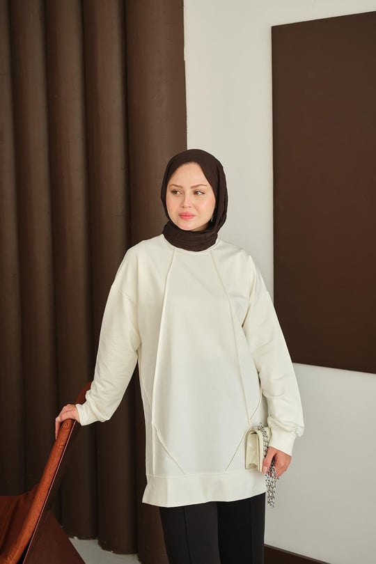 Önü Dikiş Detay Tunik Beyaz