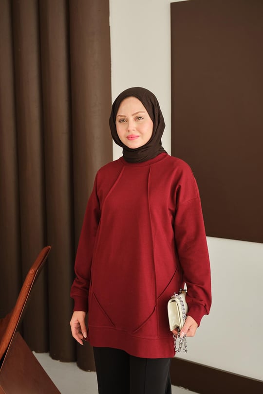 Önü Dikiş Detay Tunik Bordo