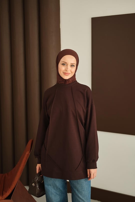 Önü Dikiş Detay Tunik Kahverengi