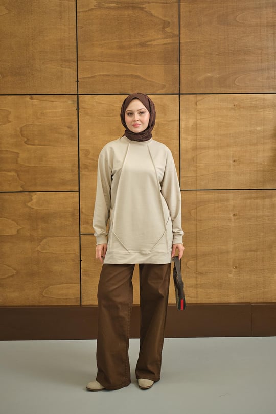 Önü Dikiş Detay Tunik Krem