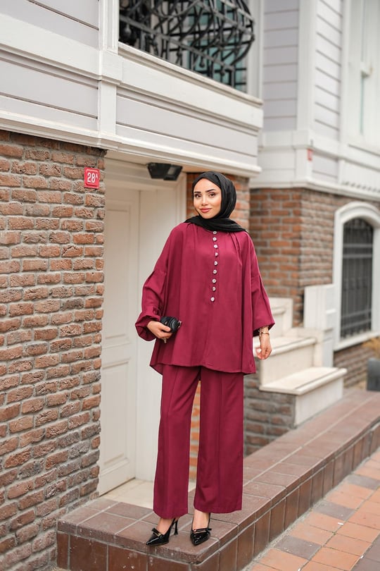 Önü Düğme Detaylı İkili Takım Bordo