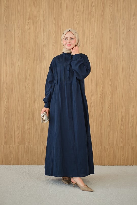 Önü Nervurlu Bisiklet Yaka Keten Elbise Lacivert