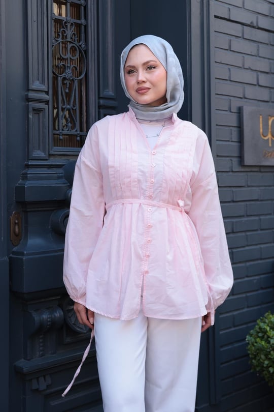 Önü Pile Detay Vual Gömlek  Pembe