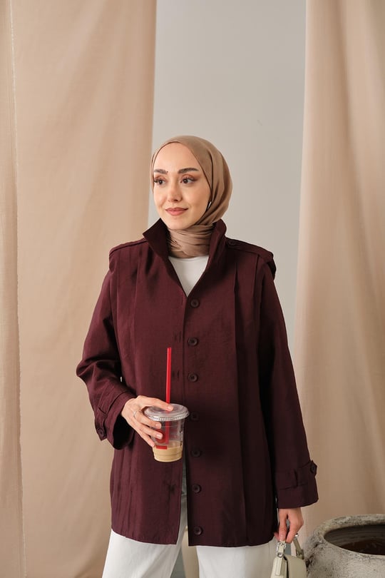 Önü Pile Detaylı Gömlek Bordo