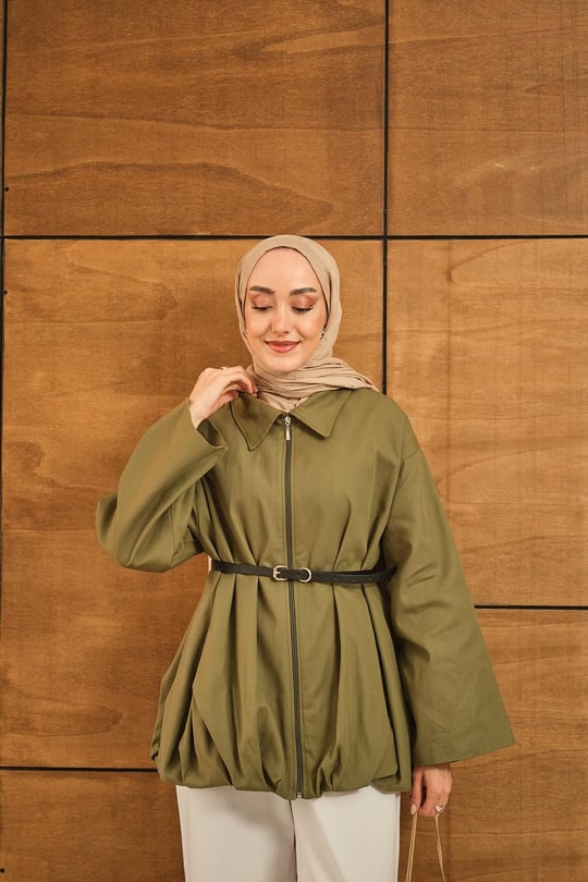 Pile Detay Gabardin Ceket Yeşil