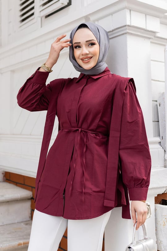 Pile Detay Önü Gizli Düğmeli Gömlek Bordo