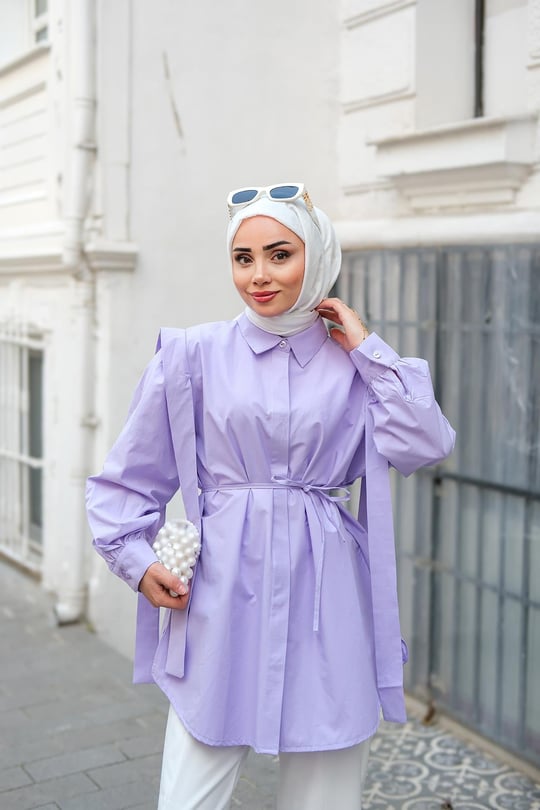 Pile Detay Önü Gizli Düğmeli Gömlek Lila