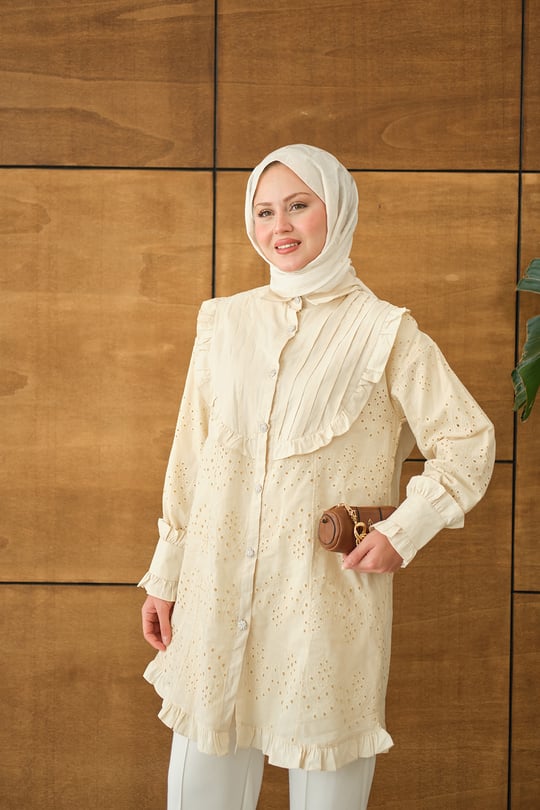 Pile Ve Brode Detay Gömlek Krem