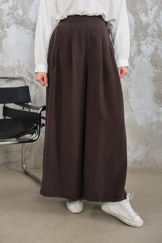 Pileli Bol Paça Pantolon Kahverengi