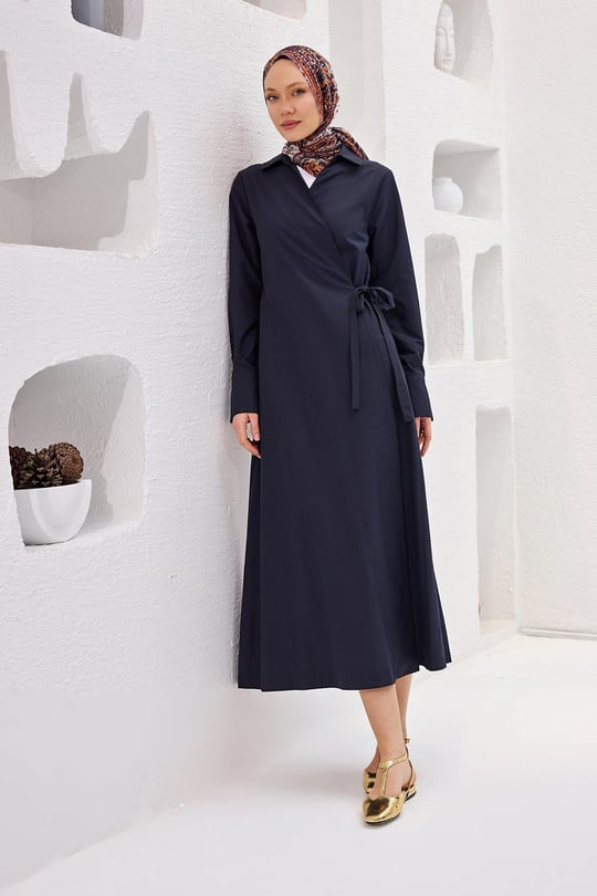 Poplin Yan Bağlamalı Elbise Lacivert