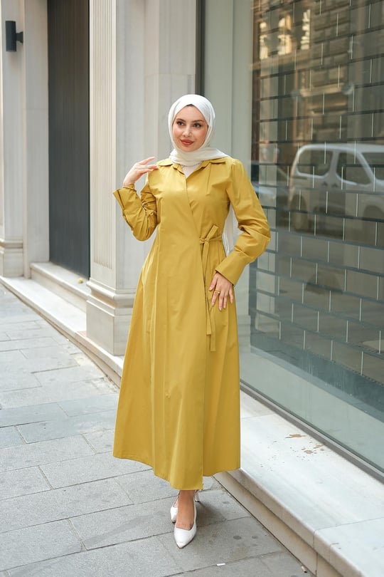 Poplin Yan Bağlamalı Elbise Yağ Yeşil