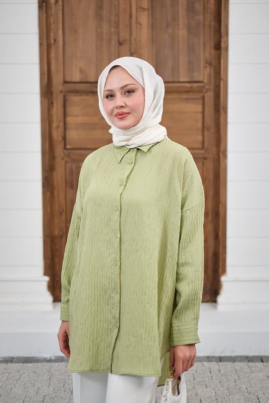 Pul Detaylı Kendinden Desen Gömlek Fıstık Yeşil