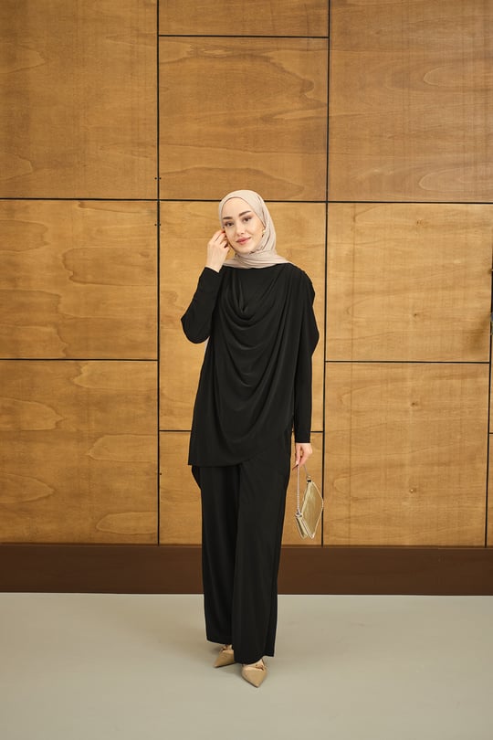 Regular Sıfır Yaka Arka Kesik Detay Takım Siyah