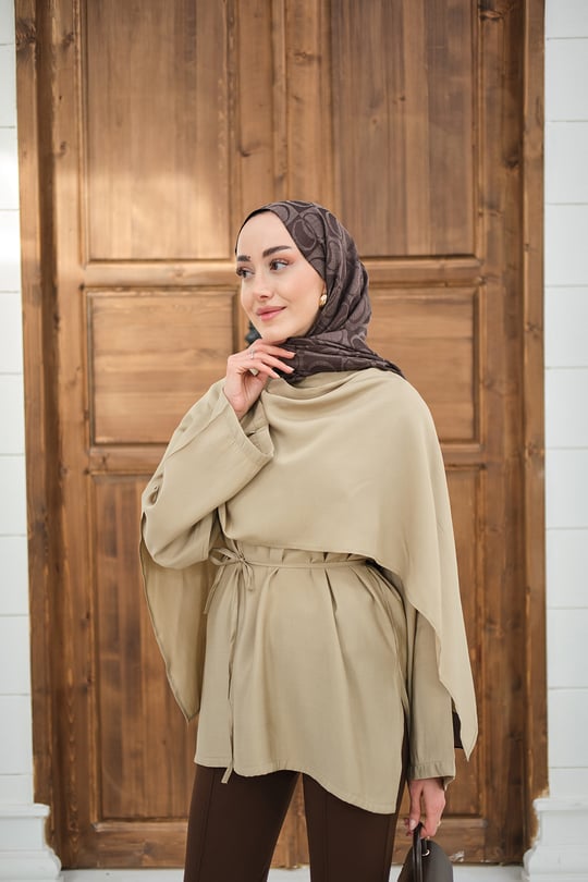 Şal Detay Bel Bağlamalı Bluz Vizon