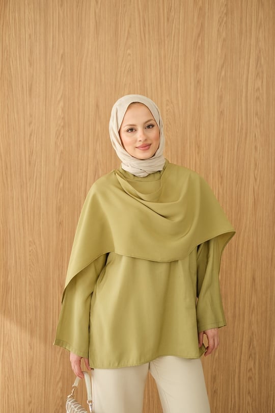 Şal Detay Bel Bağlamalı Bluz Yağ Yeşil