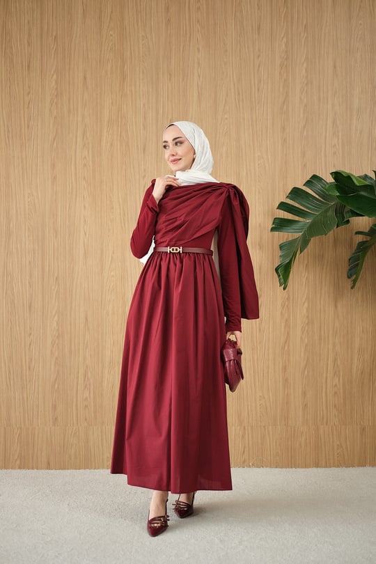 Şal Detaylı Kemerli Poplin Elbise Bordo