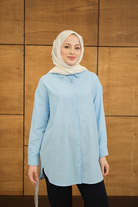 Şeffaf Düğme Detaylı Basic Gömlek Bebe Mavi