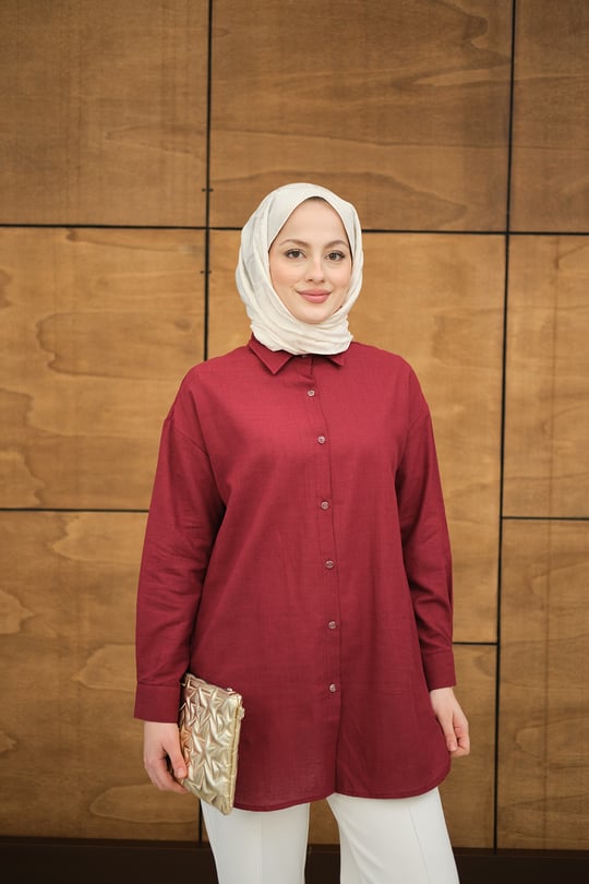Şeffaf Düğme Detaylı Basic Gömlek Bordo