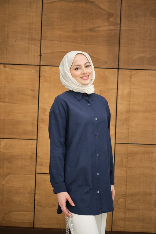 Şeffaf Düğme Detaylı Basic Gömlek Lacivert