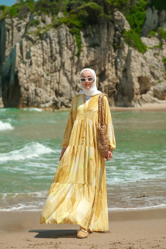 Şekil Desenli Elbise Sarı