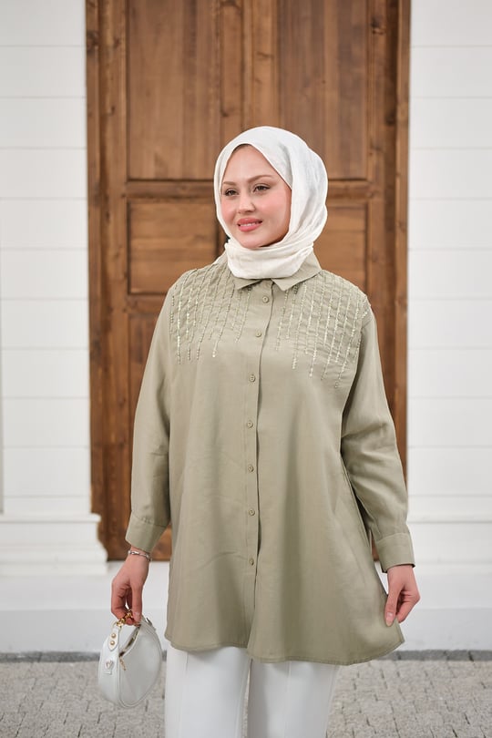 Sıralı Boncuk İşlemeli Gömlek Yağ Yeşil