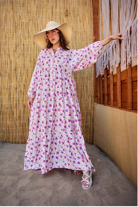 Sulu Boya Çiçek Desen Elbise Fuşya