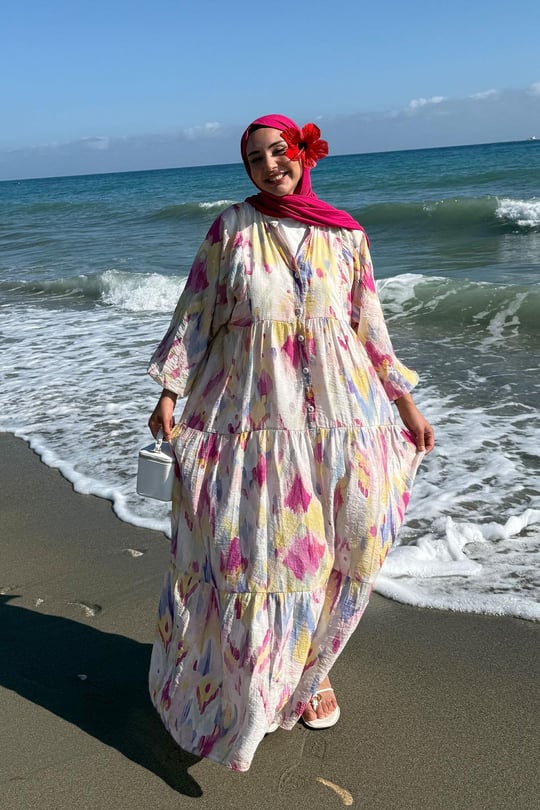 Sulu Boya Desen Elbise Fuşya