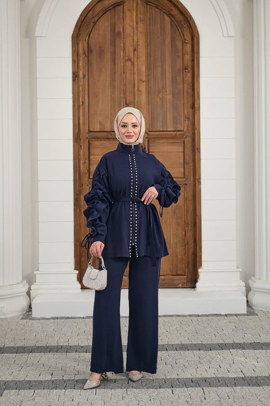 Taş İşlemeli Fermuarlı Bel Bağlamalı Takım Lacivert