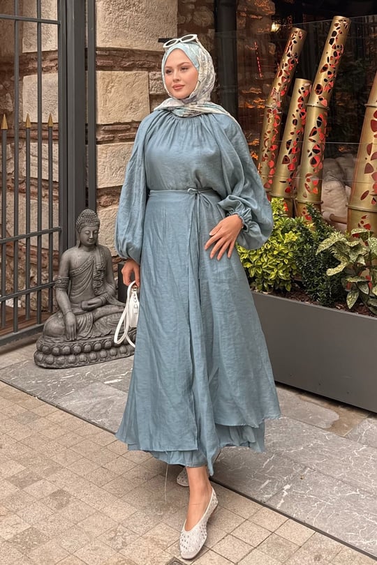 Tül Detay Pelerinli Etekli Takım İndigo Mavi