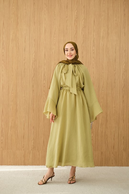 Tül Kumaş Boyun Bağlamalı Detaylı Bel Bağlamalı Elbise Yağ Yeşil