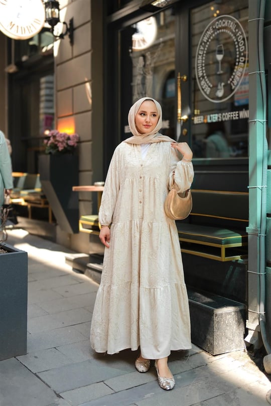 Tyess Desenli Elbise Krem