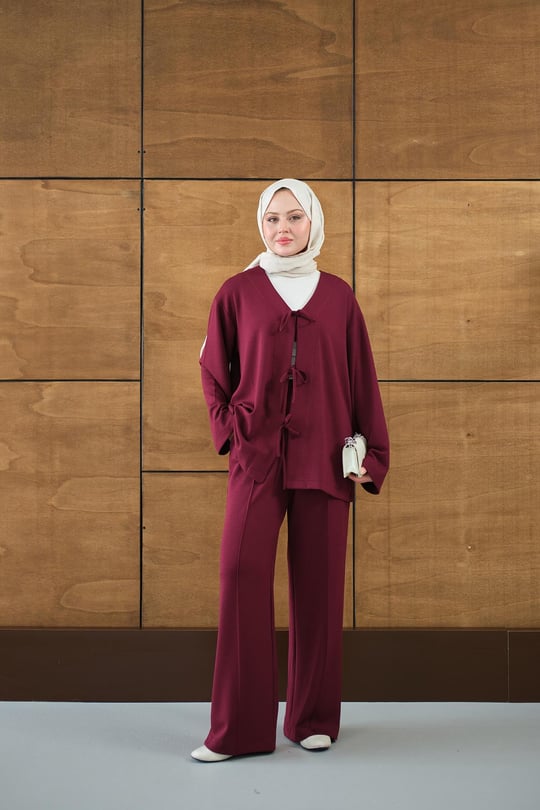 V Yaka Bağcıklı Regular Viskon Kimono Takım Mürdüm