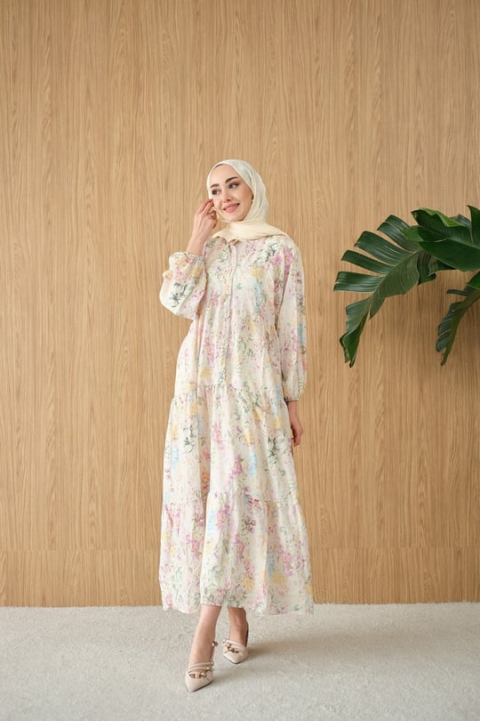 Vintage Çiçek Desen Elbise Su Yeşil